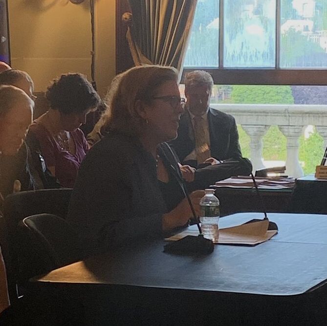 Pamela O'Hara testifying before the RI State Senate in July 2019 in support of increased paid leave benefits.Picture